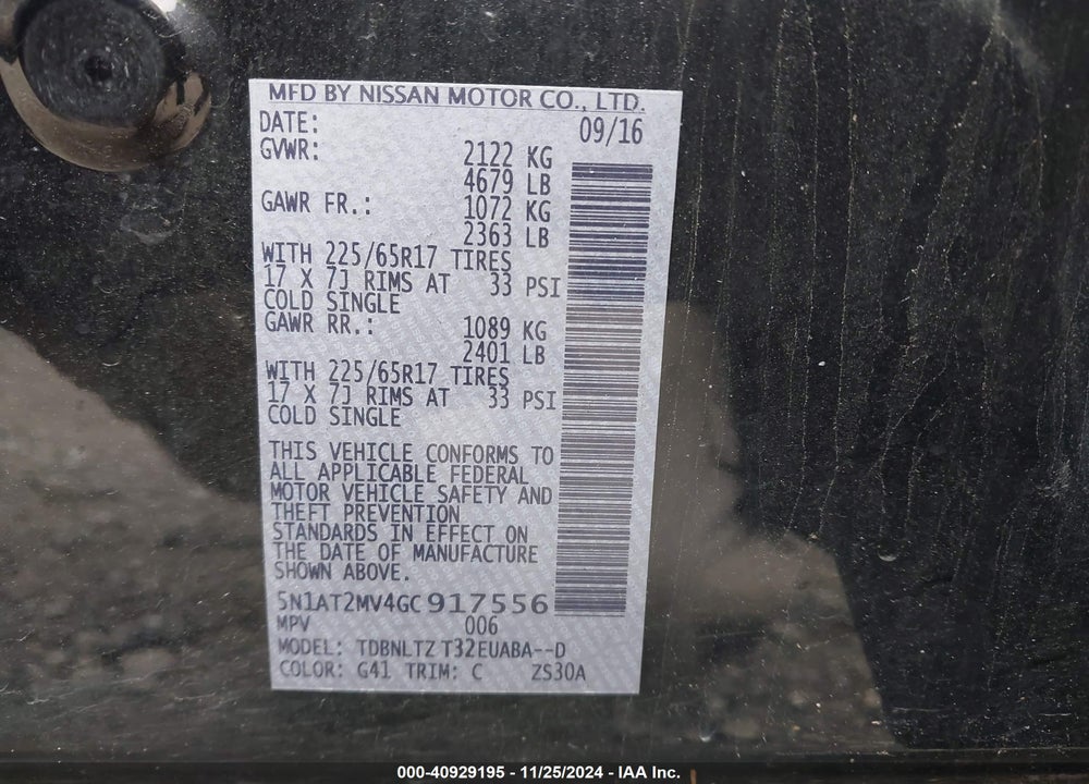 2016 NISSAN ROGUE SV VIN: 5N1AT2MV4GC917556