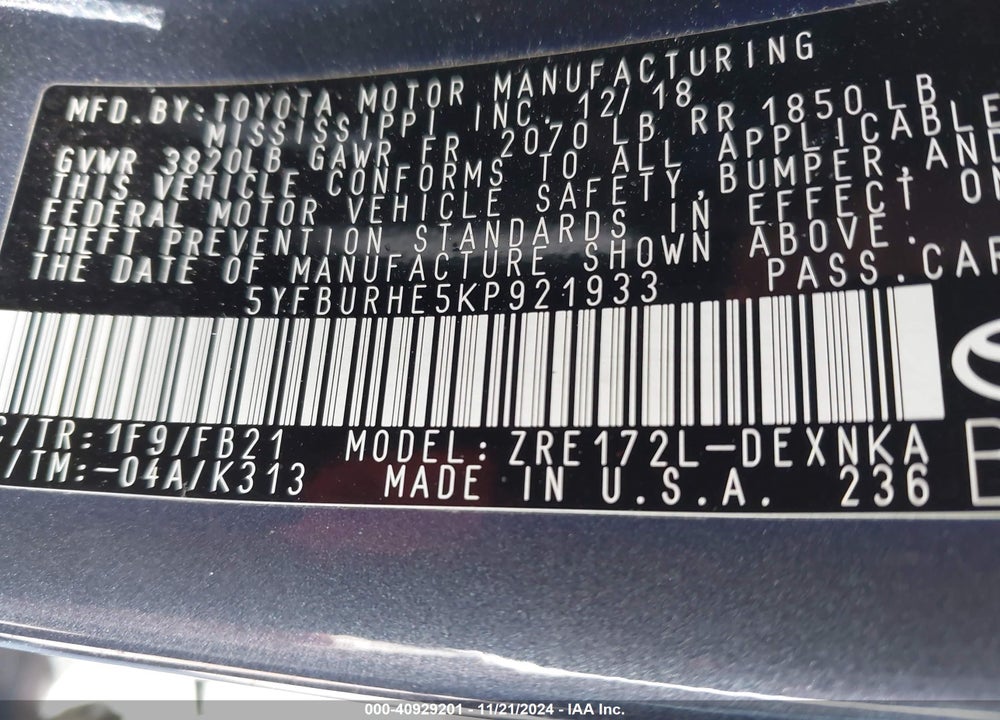 2019 TOYOTA COROLLA LE VIN: 5YFBURHE5KP921933