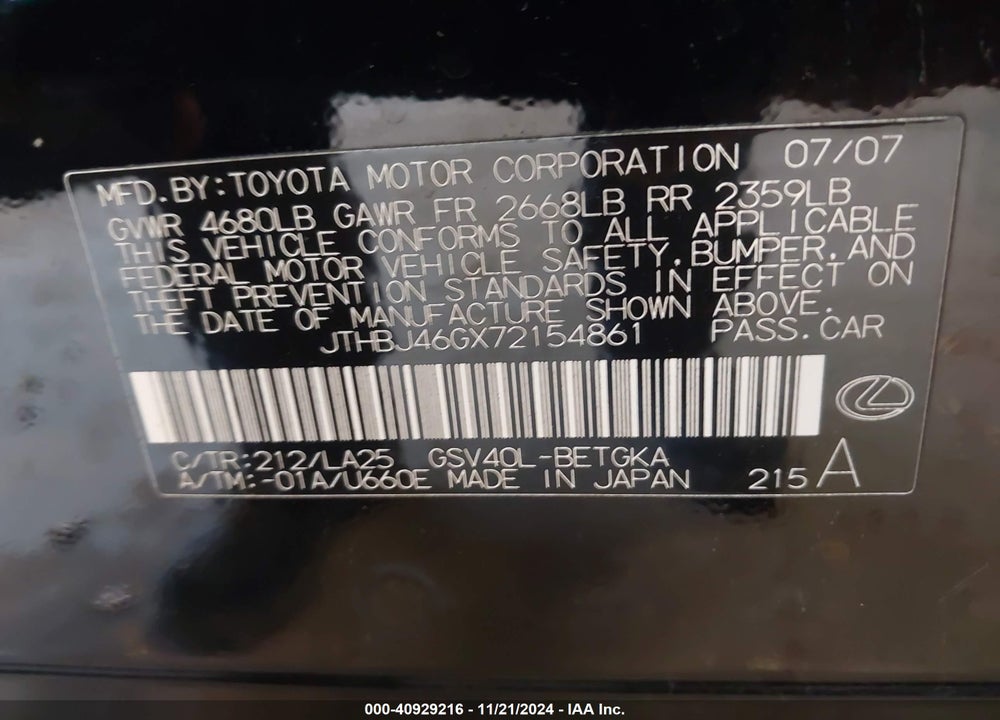 2007 LEXUS ES 350 VIN: JTHBJ46GX72154861
