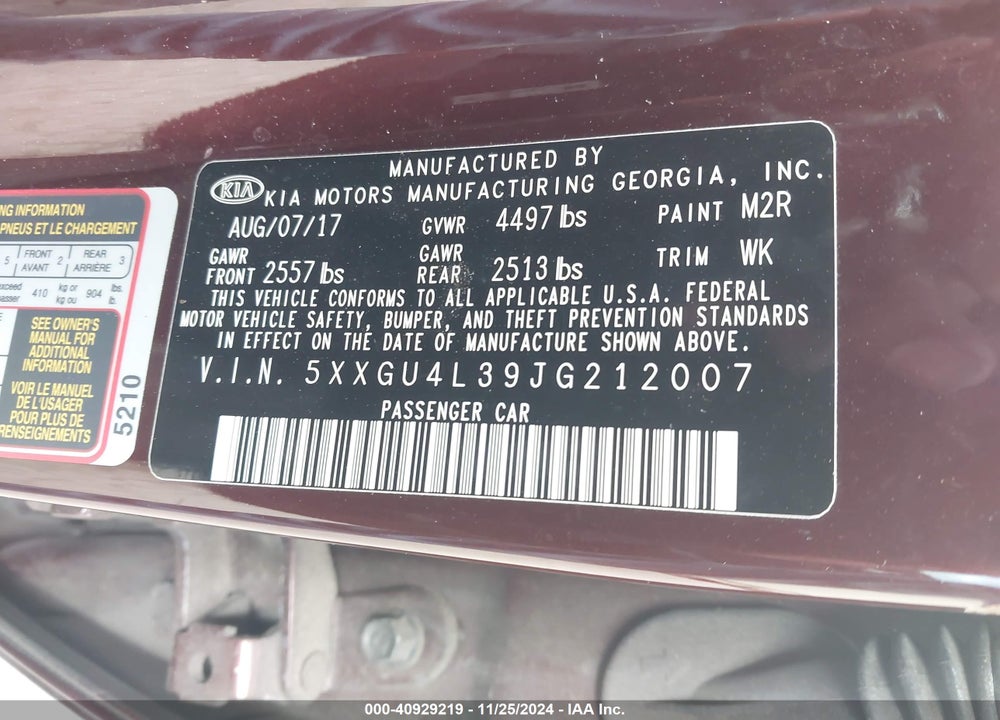 2018 KIA OPTIMA EX VIN: 5XXGU4L39JG212007