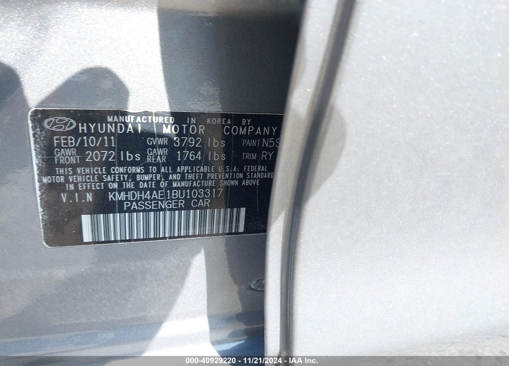 2011 HYUNDAI ELANTRA LIMITED (ULSAN PLANT) VIN: KMHDH4AE1BU103317