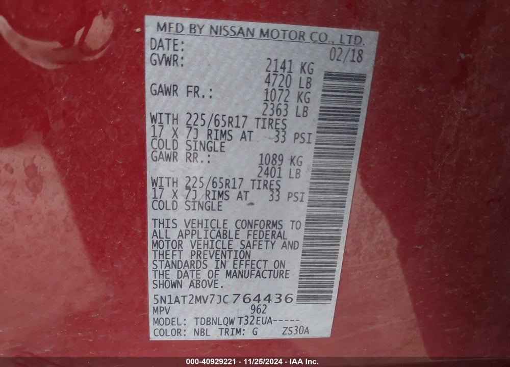 2018 NISSAN ROGUE SV VIN: 5N1AT2MV7JC764436