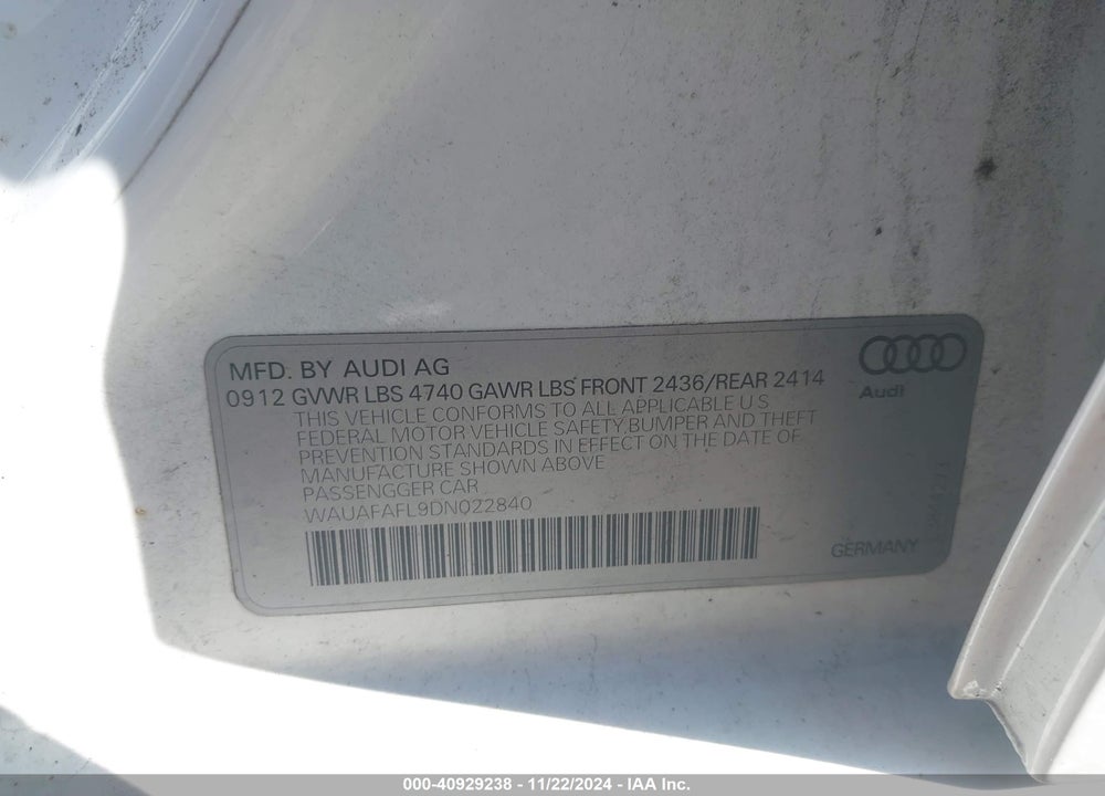 2013 AUDI A4 2.0T PREMIUM VIN: WAUAFAFL9DN022840