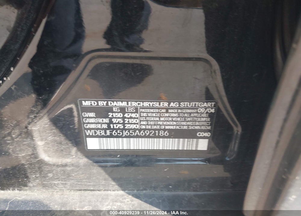 2005 MERCEDES-BENZ E 320 VIN: WDBUF65J65A692186