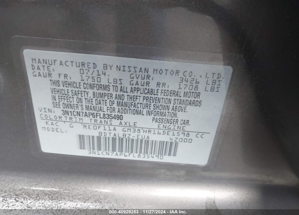 2015 NISSAN VERSA 1.6 SV VIN: 3N1CN7AP6FL835490
