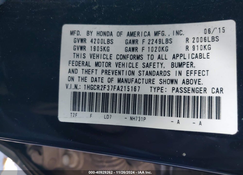 2015 HONDA ACCORD LX VIN: 1HGCR2F37FA215167