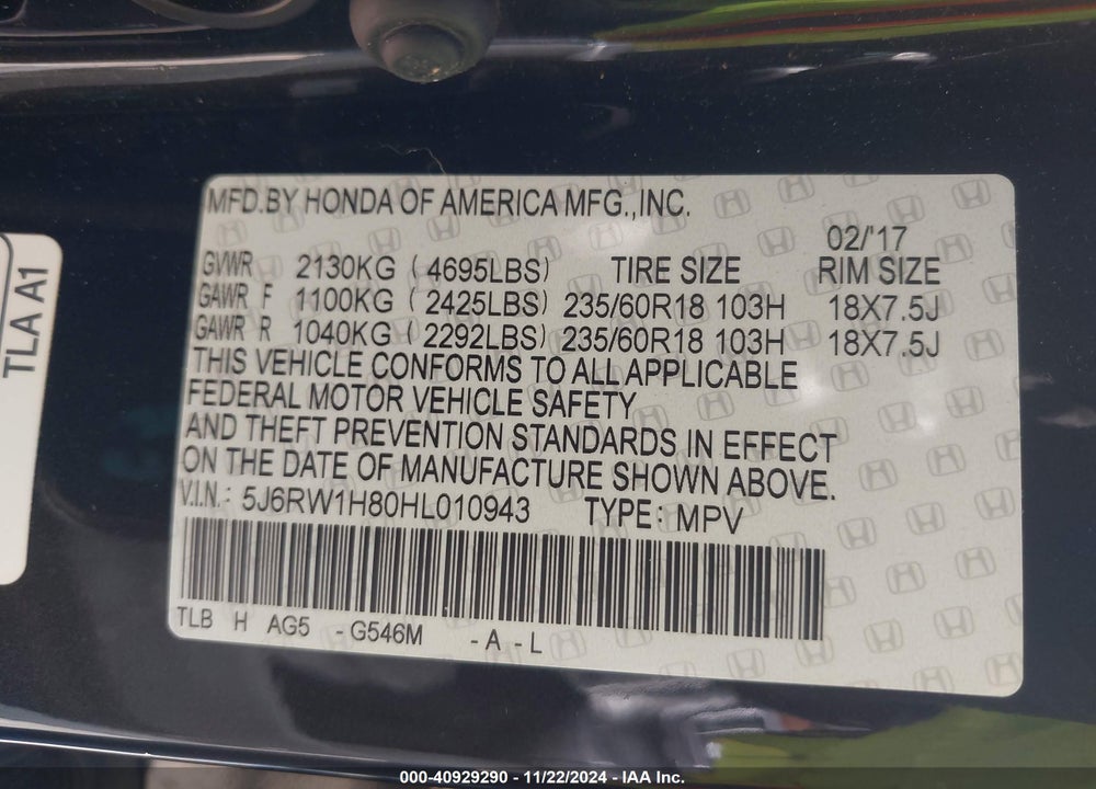 2017 HONDA CR-V EX-L/EX-L NAVI VIN: 5J6RW1H80HL010943