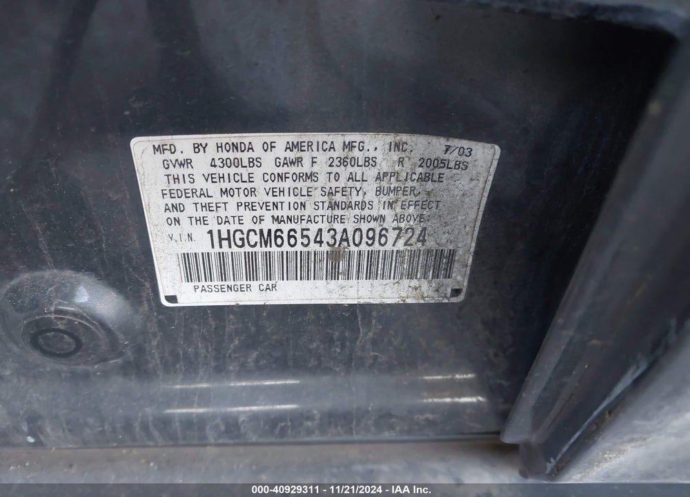 2003 HONDA ACCORD 3.0 EX VIN: 1HGCM66543A096724