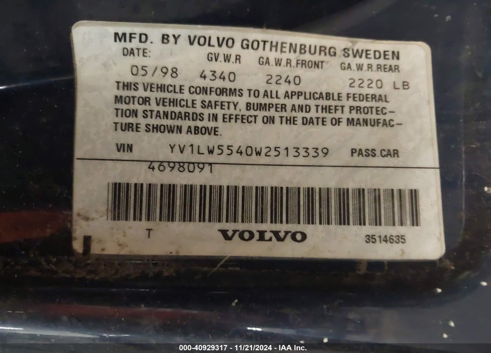 1998 VOLVO V70 GTAS/GTMS VIN: YV1LW5540W2513339