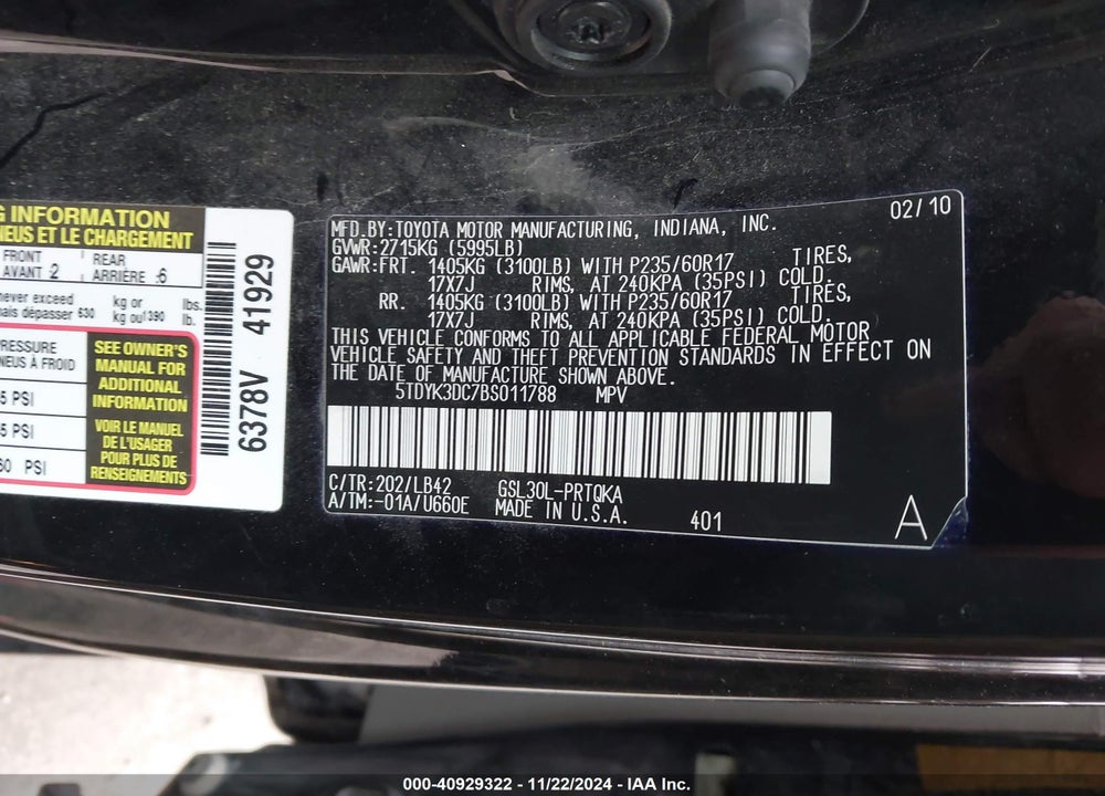 2011 TOYOTA SIENNA XLE LIMITED VIN: 5TDYK3DC7BS011788