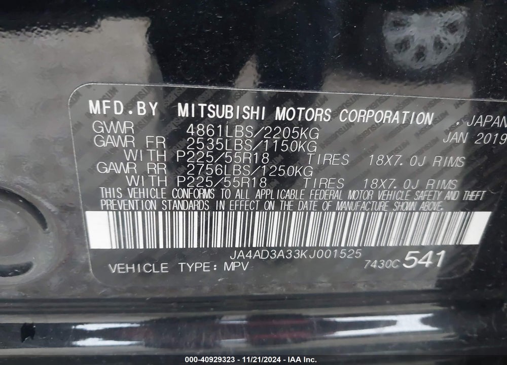 2019 MITSUBISHI OUTLANDER SEL VIN: JA4AD3A33KJ001525