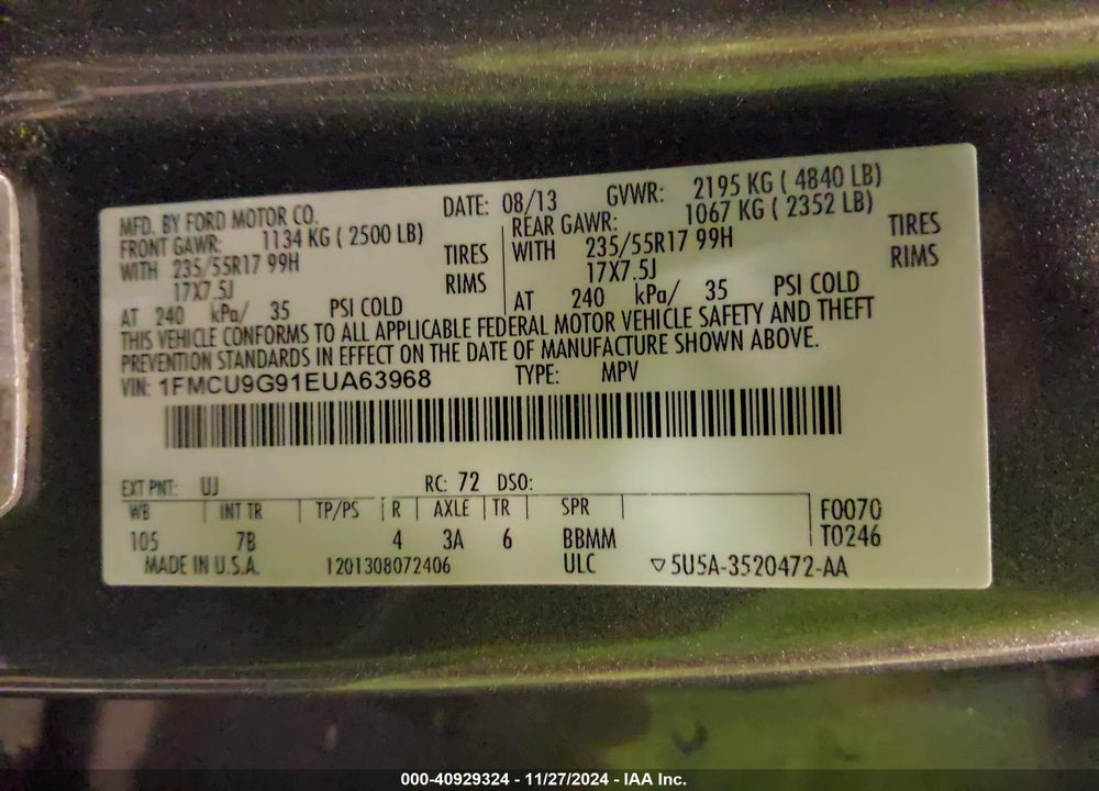 2014 FORD ESCAPE SE VIN: 1FMCU9G91EUA63968