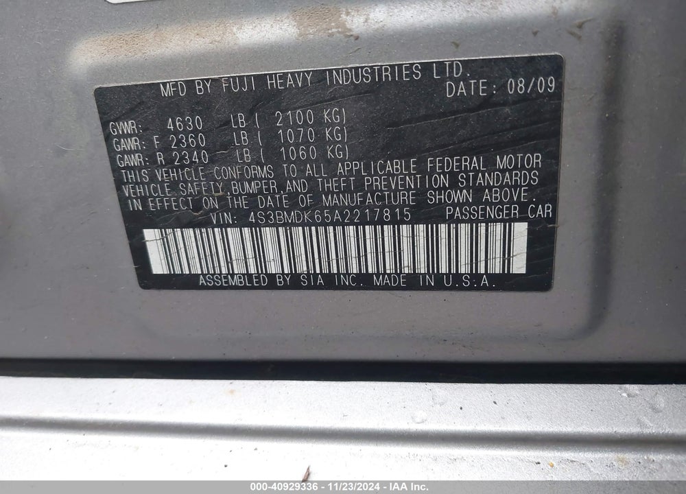 2010 SUBARU LEGACY 3.6R LIMITED VIN: 4S3BMDK65A2217815