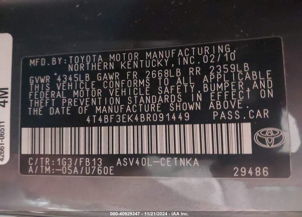 2011 TOYOTA CAMRY LE VIN: 4T4BF3EK4BR091449