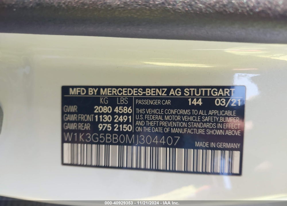 2021 MERCEDES-BENZ AMG A 35 4MATIC VIN: W1K3G5BB0MJ304407