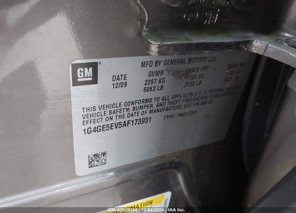 2010 BUICK LACROSSE CXS VIN: 1G4GE5EV5AF173931