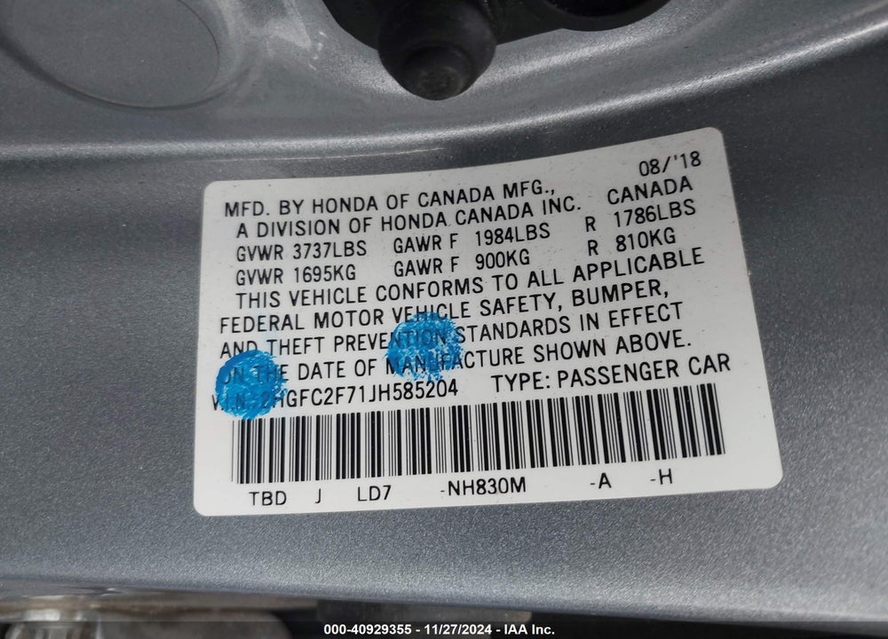 2018 HONDA CIVIC EX VIN: 2HGFC2F71JH585204