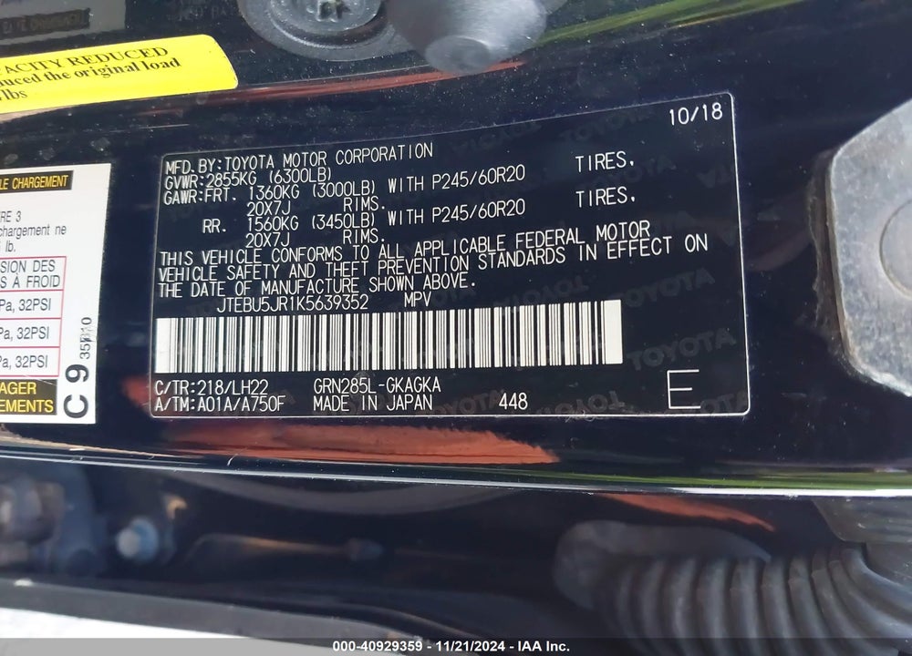 2019 TOYOTA 4RUNNER LIMITED NIGHTSHADE VIN: JTEBU5JR1K5639352