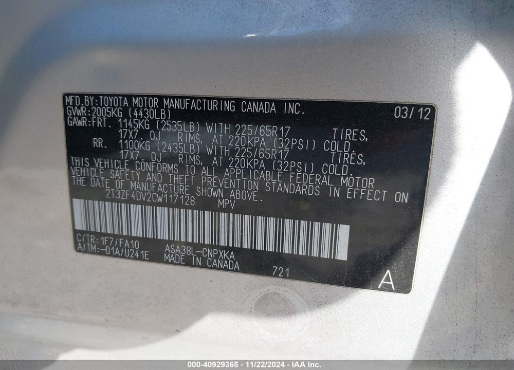 2012 TOYOTA RAV4 VIN: 2T3ZF4DV2CW117128