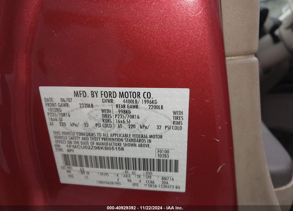 2008 FORD ESCAPE XLS/XLS MANUAL VIN: 1FMCU02Z98KB05158
