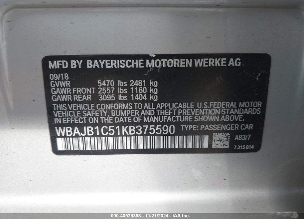 2019 BMW 530E XDRIVE IPERFORMANCE VIN: WBAJB1C51KB375590