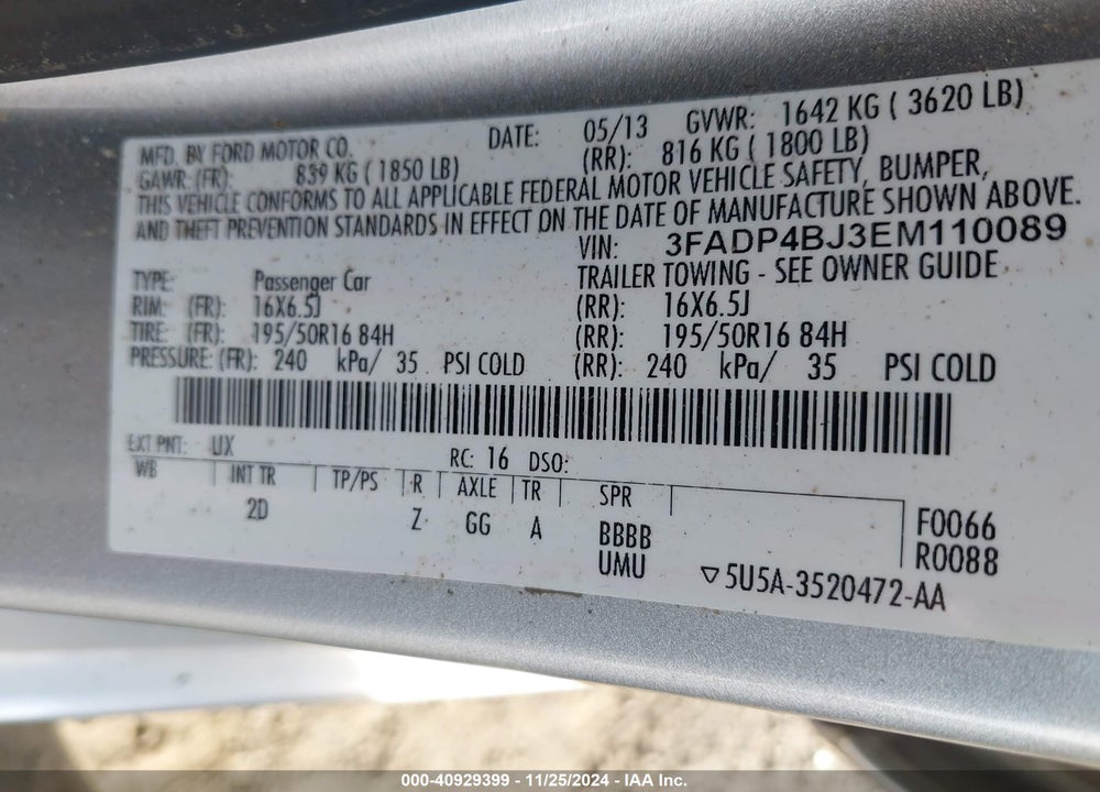 2014 FORD FIESTA VIN: 3FADP4BJ3EM110089