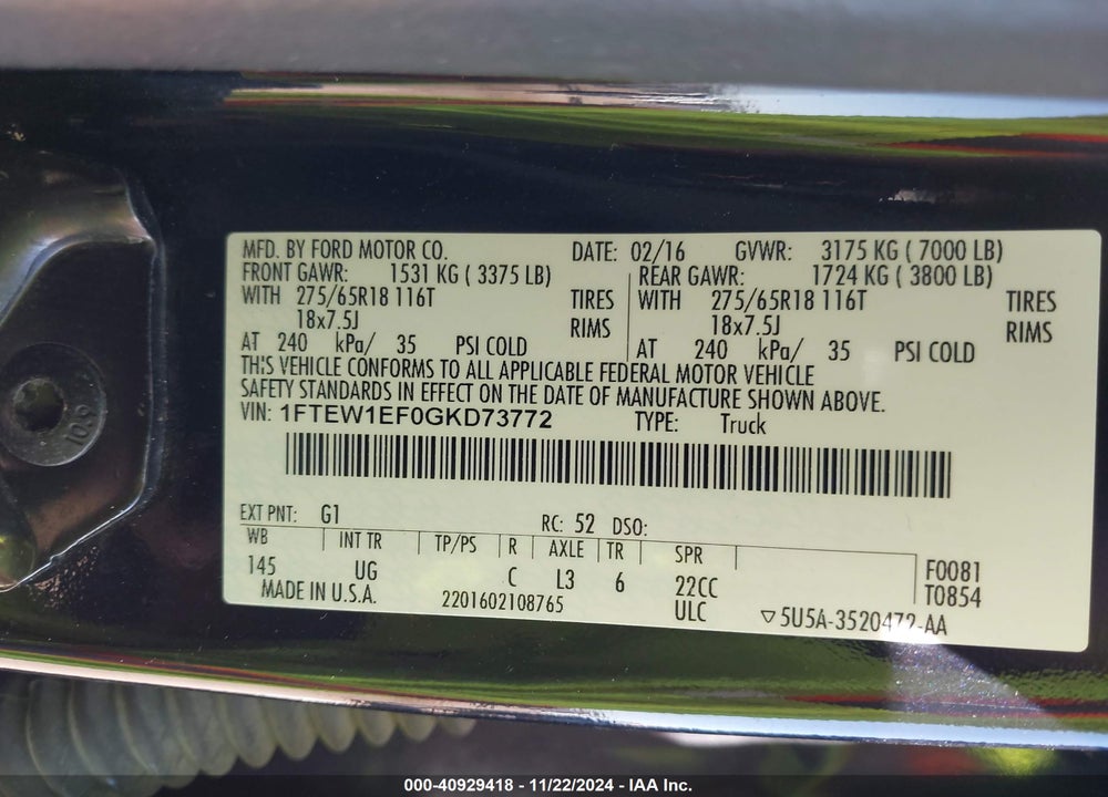 2016 FORD F-150 VIN: 1FTEW1EF0GKD73772