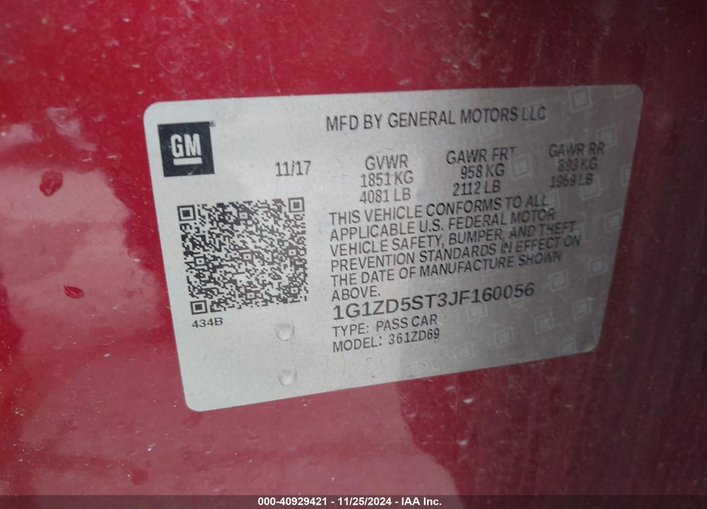 2018 CHEVROLET MALIBU LT VIN: 1G1ZD5ST3JF160056