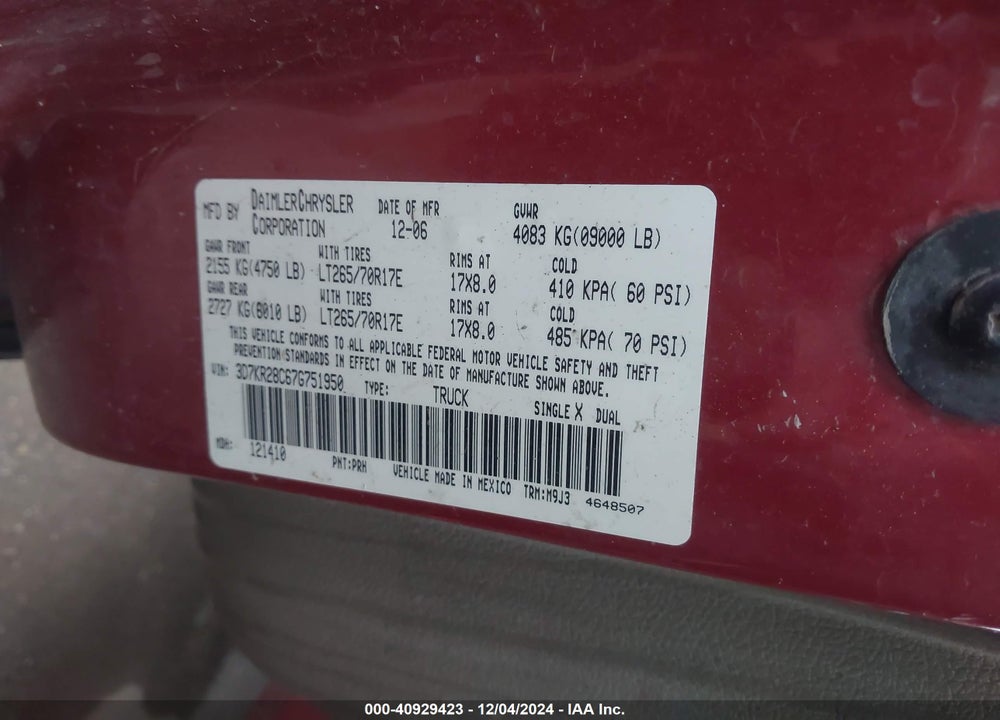 2007 DODGE RAM 2500 SLT/SPORT VIN: 3D7KR28C67G751950