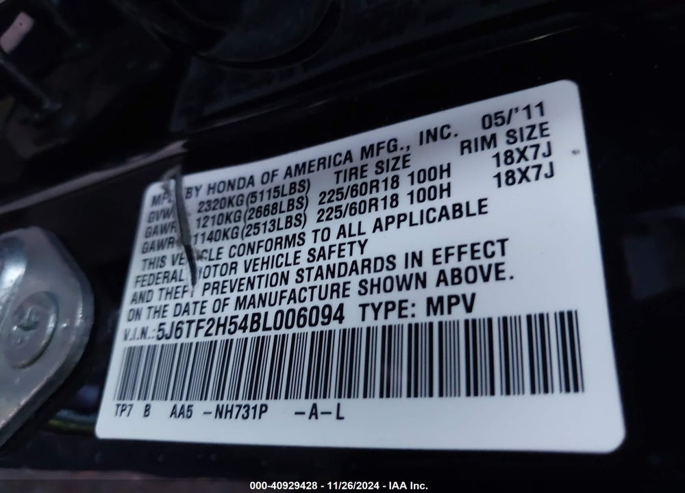 2011 HONDA ACCORD CROSSTOUR EX-L VIN: 5J6TF2H54BL006094