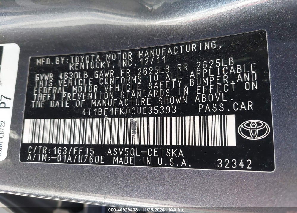 2012 TOYOTA CAMRY SE VIN: 4T1BF1FK0CU035393