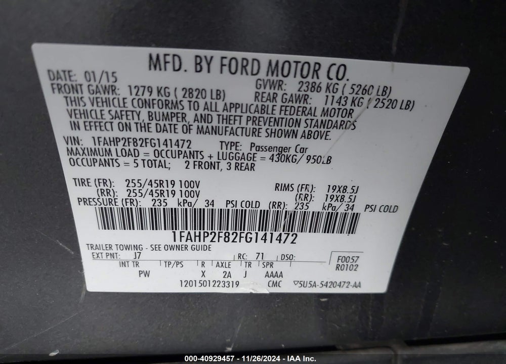 2015 FORD TAURUS LIMITED VIN: 1FAHP2F82FG141472