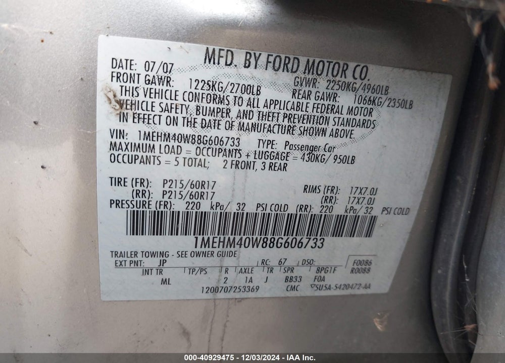 2008 MERCURY SABLE VIN: 1MEHM40W88G606733