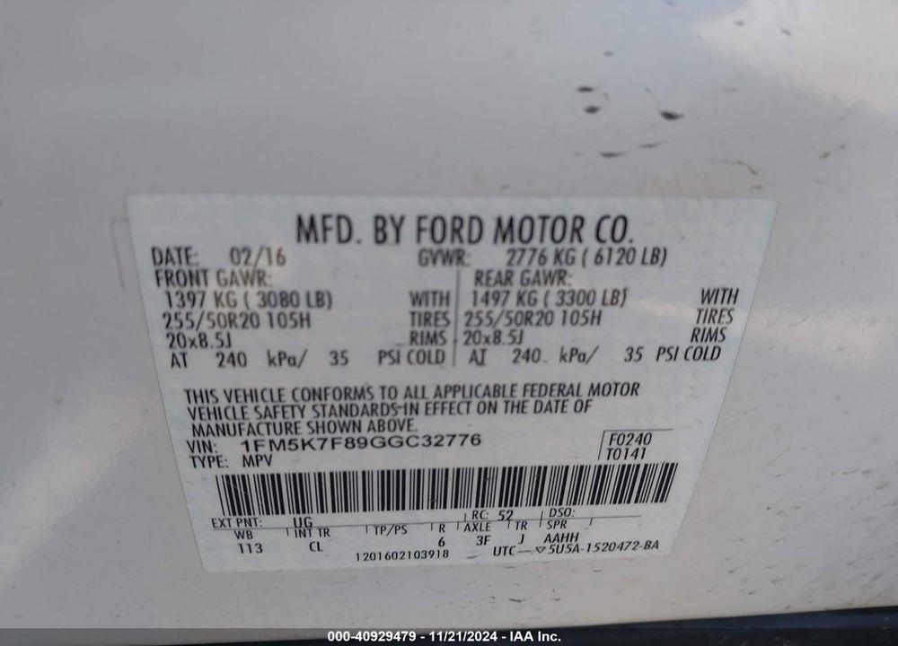 2016 FORD EXPLORER LIMITED VIN: 1FM5K7F89GGC32776
