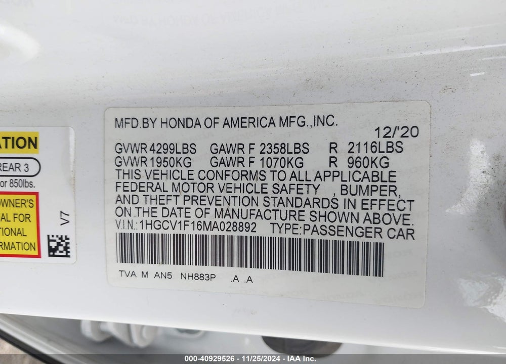 2021 HONDA ACCORD LX VIN: 1HGCV1F16MA028892