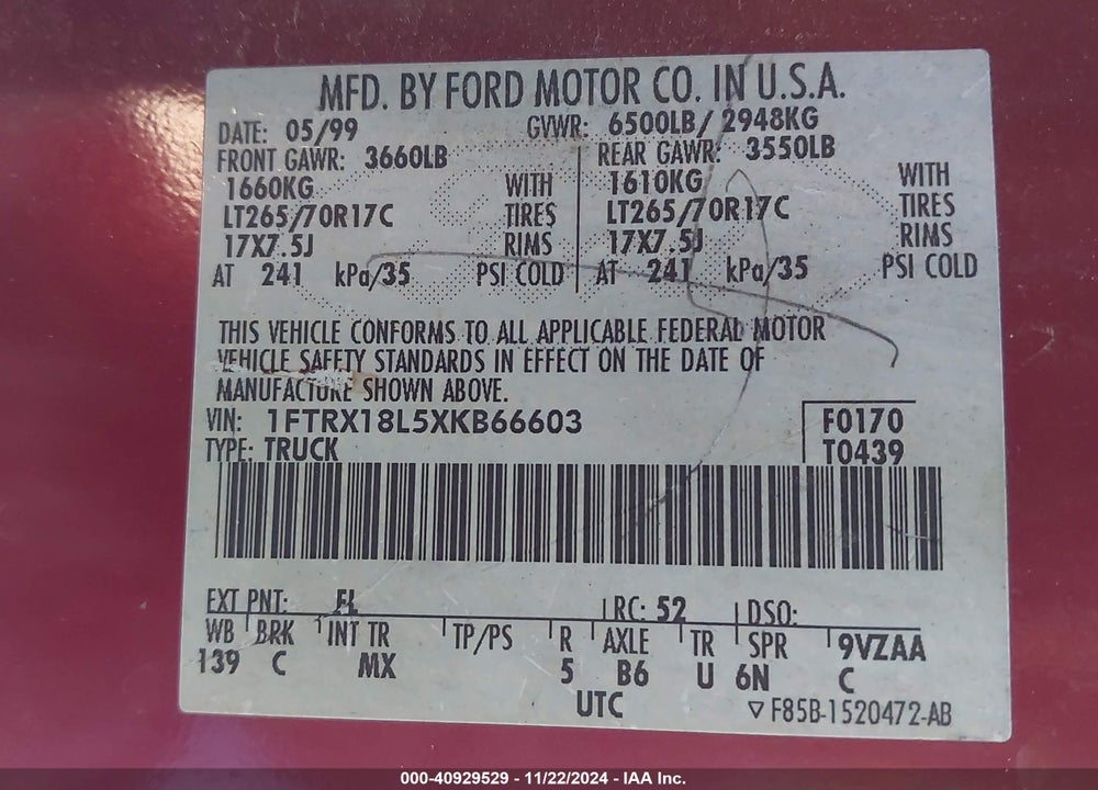 1999 FORD F-150 LARIAT/XL/XLT VIN: 1FTRX18L5XKB66603