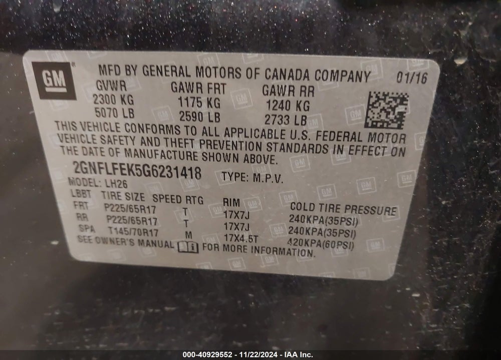 2016 CHEVROLET EQUINOX LT VIN: 2GNFLFEK5G6231418