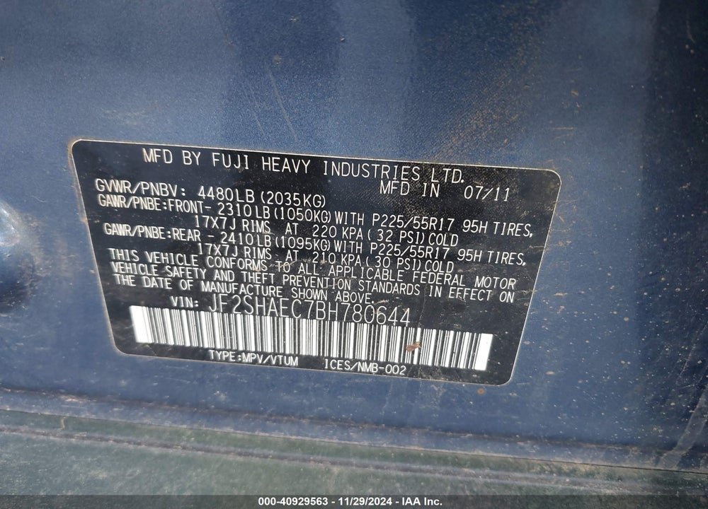 2011 SUBARU FORESTER 2.5X LIMITED VIN: JF2SHAEC7BH780644