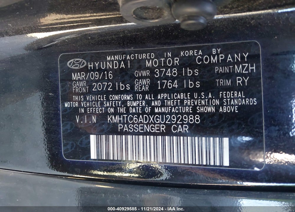 2016 HYUNDAI VELOSTER VIN: KMHTC6ADXGU292988