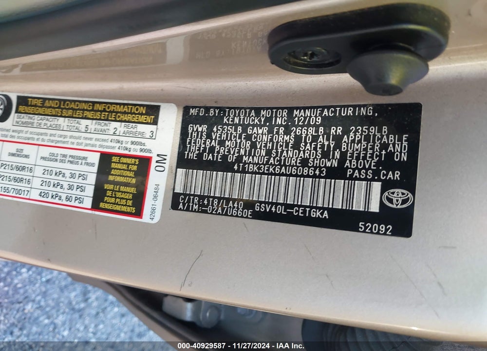 2010 TOYOTA CAMRY XLE V6 VIN: 4T1BK3EK6AU608643