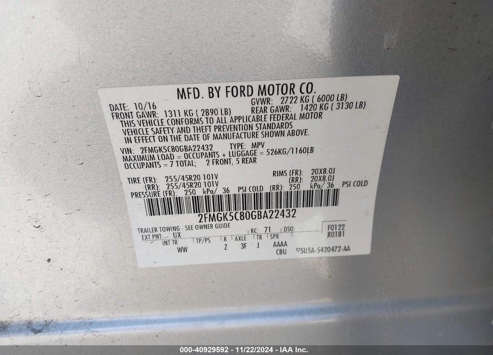 2016 FORD FLEX SEL VIN: 2FMGK5C80GBA22432