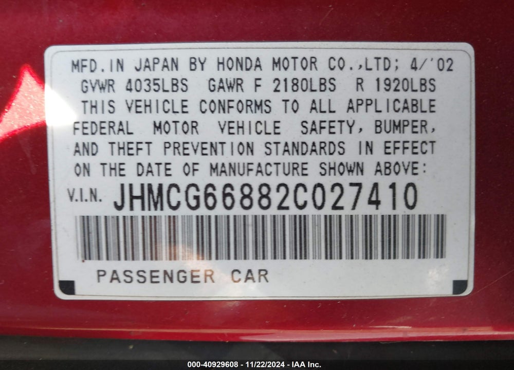 2002 HONDA ACCORD VIN: JHMCG66882C027410