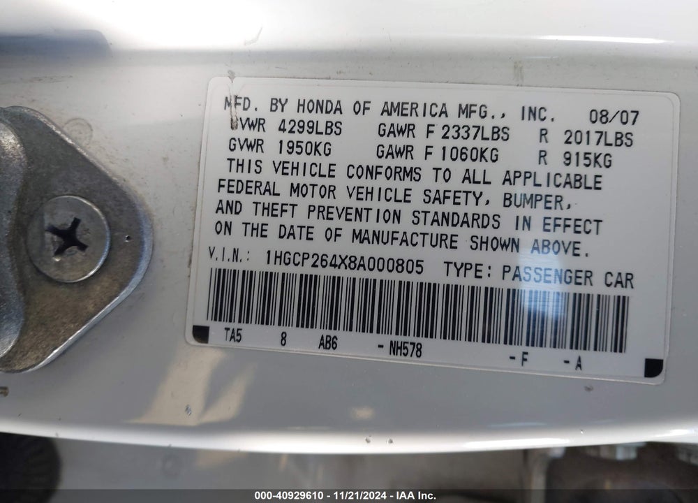 2008 HONDA ACCORD 2.4 LX-P VIN: 1HGCP264X8A000805