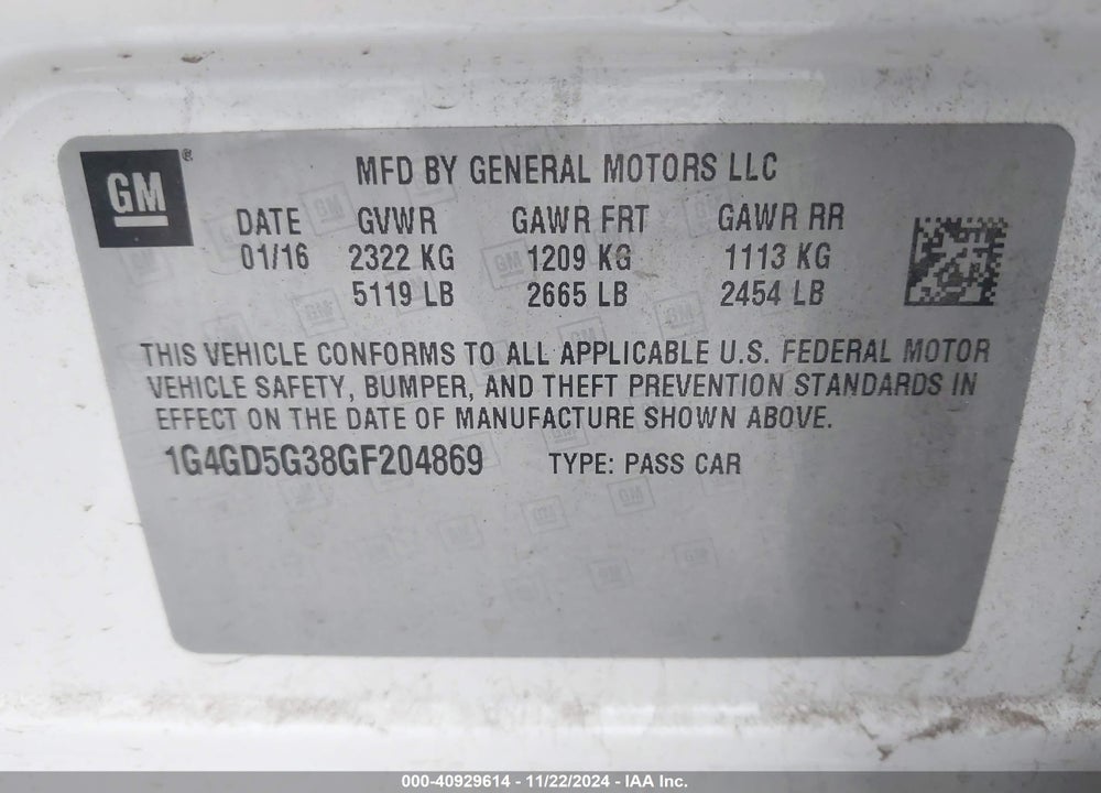 2016 BUICK LACROSSE VIN: 1G4GD5G38GF204869