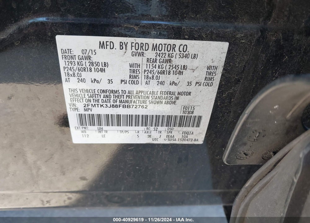 2015 FORD EDGE SEL VIN: 2FMTK3J88FBB72762