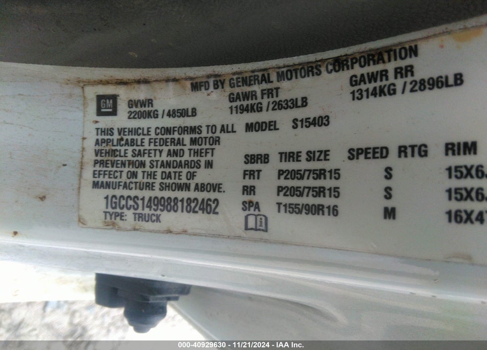 2008 CHEVROLET COLORADO WORK TRUCK VIN: 1GCCS149988182462