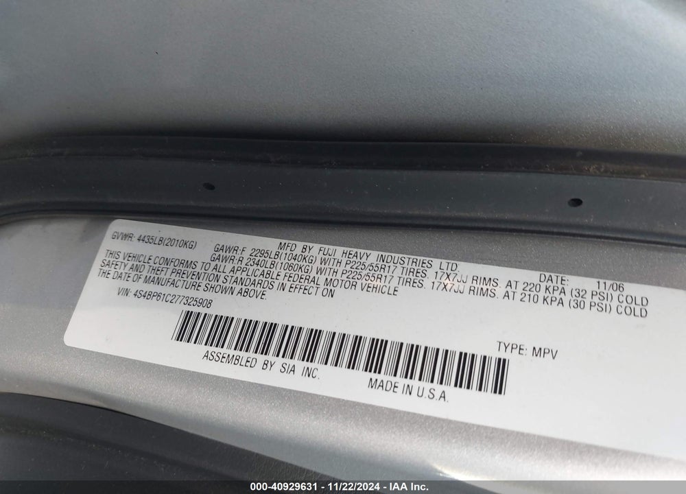 2007 SUBARU OUTBACK 2.5I VIN: 4S4BP61C277325908