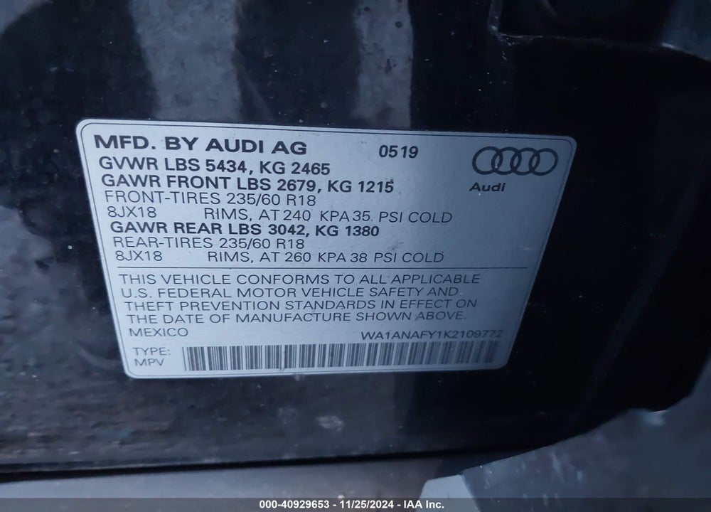 2019 AUDI Q5 45 PREMIUM VIN: WA1ANAFY1K2109772
