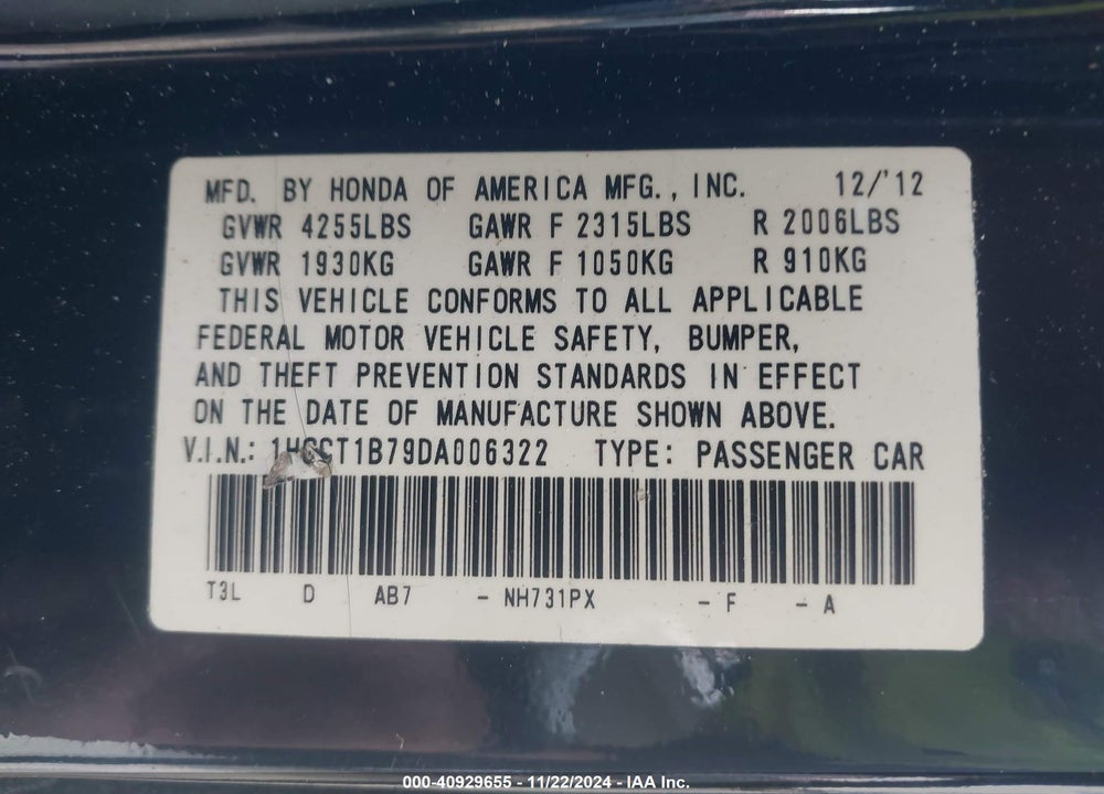 2013 HONDA ACCORD EX VIN: 1HGCT1B79DA006322