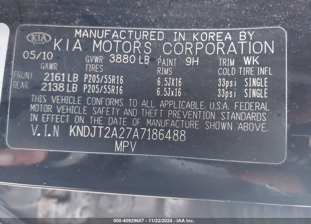 2010 KIA SOUL VIN: KNDJT2A27A7186488